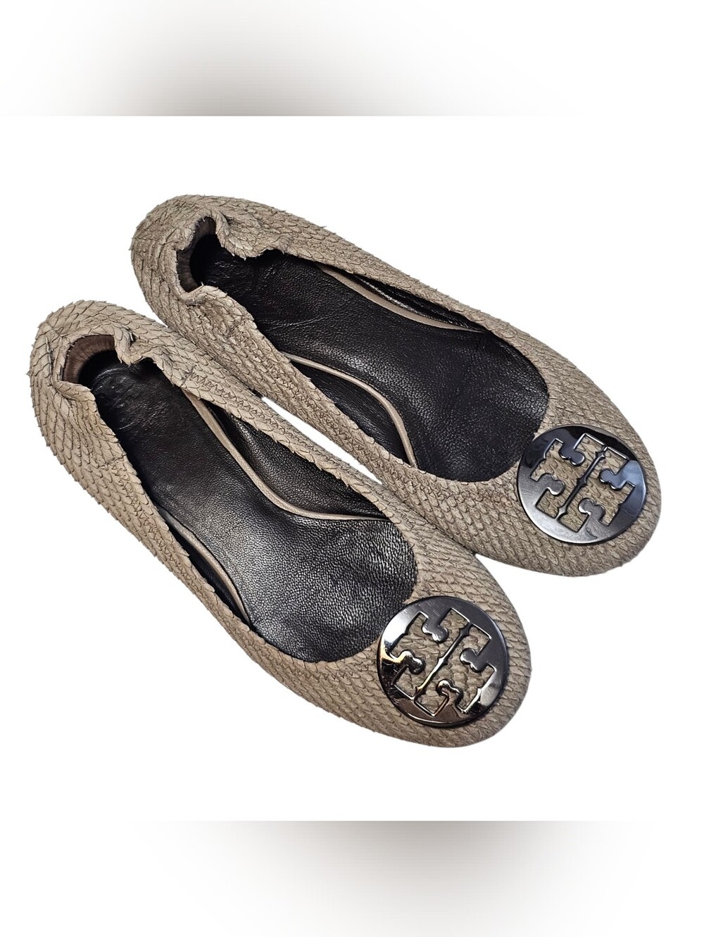 Tory Burch Reva Ballet Flats Beige Snake Embossed Scale Leather Medallion Sz 8.5